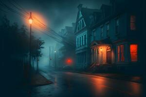 silhouet in nevelig steeg Bij nacht stad straat, mysterie en verschrikking mistig stadsgezicht atmosfeer. neurale netwerk gegenereerd kunst foto