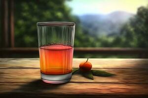 glas van abstract fruit sap met vers fruit Aan houten tafel met zomer veld- achtergrond. neurale netwerk gegenereerd kunst foto