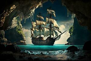 piraat schip Bij de Open zee dichtbij naar rotsen en klein eiland met handpalmen. neurale netwerk gegenereerd kunst foto
