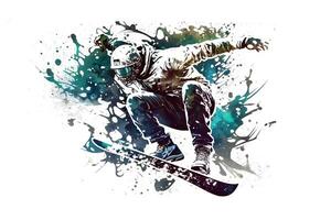 Mens snowboarder springen Aan snowboard met regenboog waterverf plons geïsoleerd Aan wit achtergrond. neurale netwerk gegenereerd kunst foto