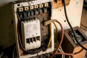 brandend schakelbord van overbelasten of kort stroomkring Aan muur. stroomkring brekers Aan brand en rook van oververhitting ten gevolge naar arm verbinding. neurale netwerk ai gegenereerd foto