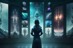 futuristische meisje astronaut Aan een ruimteschip looks in de monitoren van een quantum computer. neurale netwerk ai gegenereerd kunst foto