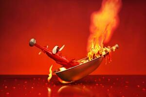 vers rood chili peper in brand net zo een symbool van brandend gevoel van pittig voedsel en specerijen. rood achtergrond. neurale netwerk ai gegenereerd foto