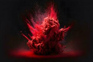explosie van rood kleur verf poeder Aan zwart achtergrond. neurale netwerk gegenereerd kunst foto