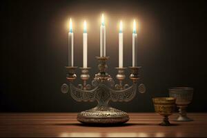 Chanoeka menora Aan Joods traditioneel feestelijk tafel. neurale netwerk gegenereerd kunst foto