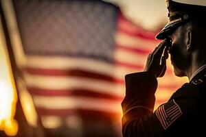 visie van een veteraan groeten de vlag van de Verenigde staten. neurale netwerk ai gegenereerd foto
