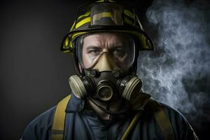 dichtbij omhoog portret van gezicht brandweerman vervelend beschermend uniform en een beschermend masker. neurale netwerk ai gegenereerd foto