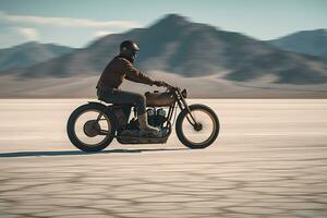 motorrijder rijden door uyuni zout vlak woestijn. neurale netwerk ai gegenereerd foto