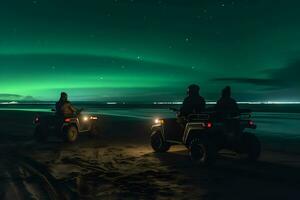 buggy auto en noordelijk lichten strand. neurale netwerk ai gegenereerd foto