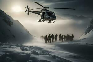redden helikopter vliegend in een besneeuwd landschap. neurale netwerk ai gegenereerd foto