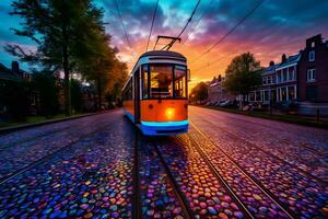 retro tram in Europese stad. neurale netwerk ai gegenereerd foto