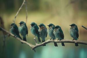 groep van vogelstand Aan een tak, verkoudheid toon. neurale netwerk ai gegenereerd foto