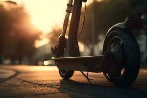 elektrisch scooter Aan de straat, zonsondergang tijd. neurale netwerk ai gegenereerd foto