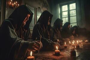 ritueel van middeleeuws priesters met kaarsen in de tempel. neurale netwerk ai gegenereerd foto