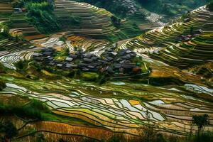 rijst- velden Aan terrasvormig van mu cang chai, yenbai, Vietnam. rijst- velden bereiden de oogst Bij Noord West vietnam.vietnam landschappen. neurale netwerk ai gegenereerd foto