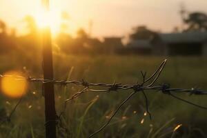 met weerhaken draad hek met schemering lucht naar voelen stil en eenzaam en willen vrijheid. neurale netwerk ai gegenereerd foto