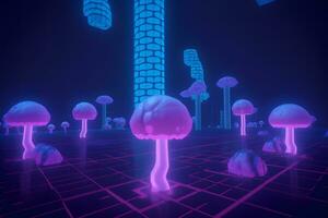 magie en fee neon champignons. neurale netwerk ai gegenereerd foto