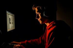 professioneel gamer spelen toernooien online spellen computer met koptelefoon, rood en blauw. neurale netwerk ai gegenereerd foto