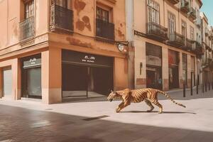 stedelijk tijger Apocalypse. een tijger wandelen door stedelijk ruïnes in een post-apocalyps Leuk vinden instelling. neurale netwerk ai gegenereerd foto