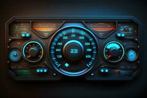 modern luxe sport auto snelheid controle dashboard met blauw licht. neurale netwerk gegenereerd kunst foto