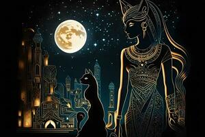 Egyptische fantasie abstract achtergrond, Egyptische godin bastet, zwart kat. neurale netwerk gegenereerd kunst foto