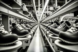 machines en uitrusting van de schoen fabriek, modern schoenen productie. neurale netwerk gegenereerd kunst foto