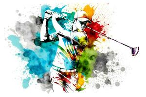 golf speler met waterverf regenboog plons. neurale netwerk gegenereerd kunst foto