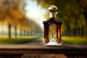 glas parfum fles tegen de backdrop van een herfst landschap. neurale netwerk gegenereerd kunst foto