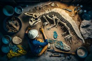 archeoloog werken Aan een archeologisch plaats met dinosaurus skelet in muur steen fossiel tyrannosaurus opgravingen. neurale netwerk ai gegenereerd foto