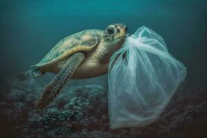 onderwater- concept van globaal probleem met plastic onzin drijvend in de oceanen. karetschildpad schildpad in onderschrift van plastic tas. neurale netwerk ai gegenereerd foto