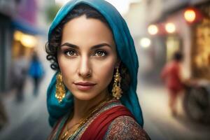 portret van jong moslim vrouw vervelend hijab hoofd. neurale netwerk ai gegenereerd foto