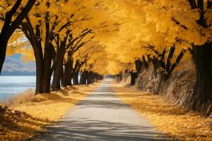 ginkgo Laan in herfst, ginkgo bomen door de rivier, gouden in kleur. ai generatief foto