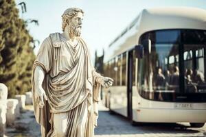 marmeren oude Grieks standbeeld reist door bus foto