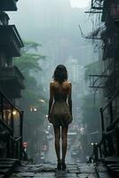 video van meisje staand alleen in stad straat met terug visie. ai generatief foto