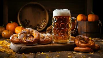 oktoberfeest viering met bier en pretzels. foto