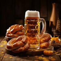 oktoberfeest viering met bier en pretzels. foto