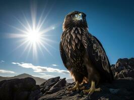 een adelaar met gouden veren en blauw ogen staand Aan een steen, met zonsondergang achtergrond, generatief ai foto
