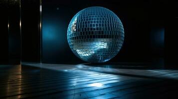 groot disco bal reflecterend blauw licht in een donker hal voor disco's. disco symbool. generatief ai foto