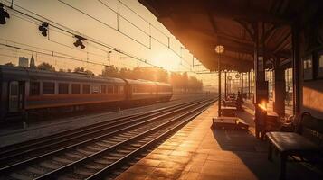 de gouden uur - een mooi trein hou op Bij zonsondergang, generatief ai foto