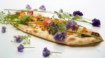 Joods flatbread met bloemen en lint Aan wit achtergrond, generatief ai foto