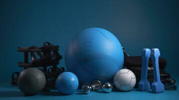 reeks van sport- uitrusting met geschiktheid bal in Sportschool Aan blauw achtergrond. ai generatief foto