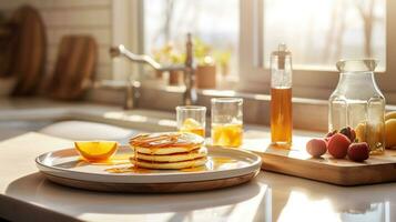 een pannenkoek ontbijt bord in een breed schot van een mooi modern keuken met mooi ochtend- licht komt eraan in van de groot ramen, ai generatief foto