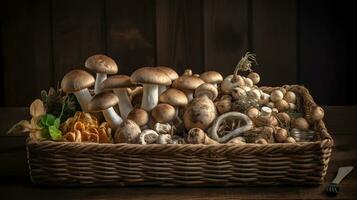 rieten dienblad met verscheidenheid van rauw champignons Aan houten tafel. ai generatief foto