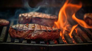 rundvlees steaks Aan de rooster met vlammen, ai generatief foto