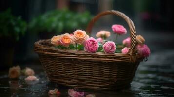 een mand vol van rozen na de regen. generatief ai foto