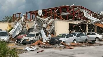 orkaan vernietigd industrieel gebouw met beschadigd auto's onder ruïnes. generatief ai foto
