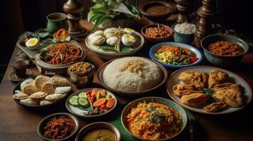 smaken van Indonesië, een feest van padang-stijl geneugten sieren de tafel. generatief ai foto