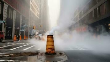 stoom- warmte pijp Aan stad straat bouw werk maken mist en rook. generatief ai foto