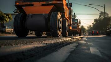 de wetenschap en kunst van weg bouw met asfalt beton bestrating. generatief ai foto