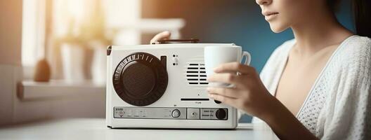 jong vrouw met kop van koffie luisteren naar radio in keuken, generatief ai foto